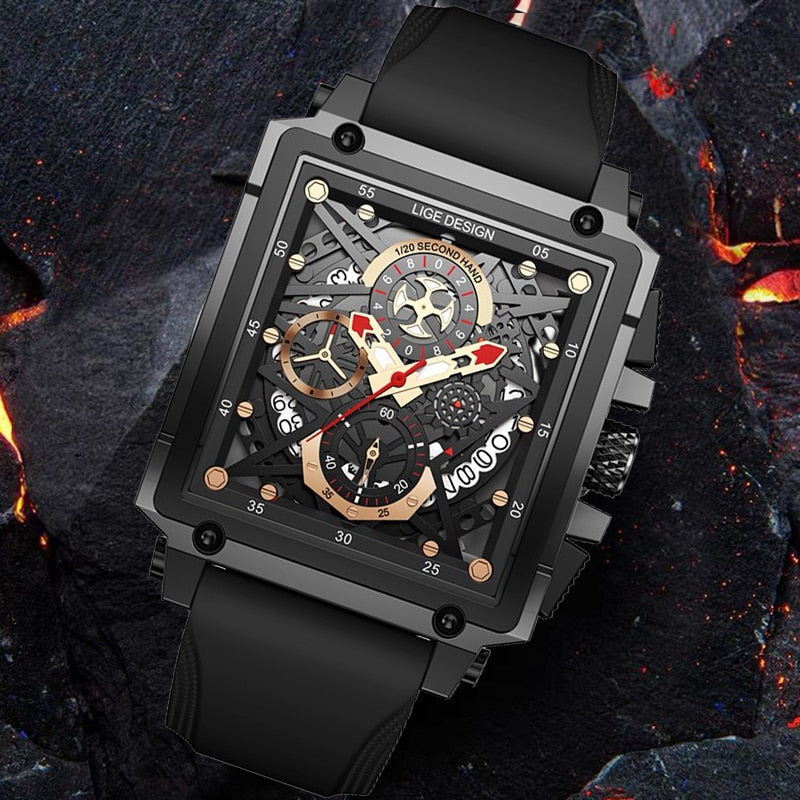 LIGE Casual Sport Watches for Men Top Brand Luxury Military Silicone Wrist Watch Man Clock Rectangle Chronograph Wristwatch