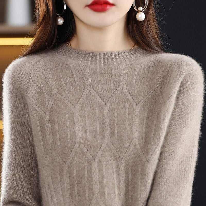 2022 New Knitted Pure Woolen Shirt Round Neck One Line Readymade Garment Hollow Out Loose Slouchy Style Slim Sweater Girl