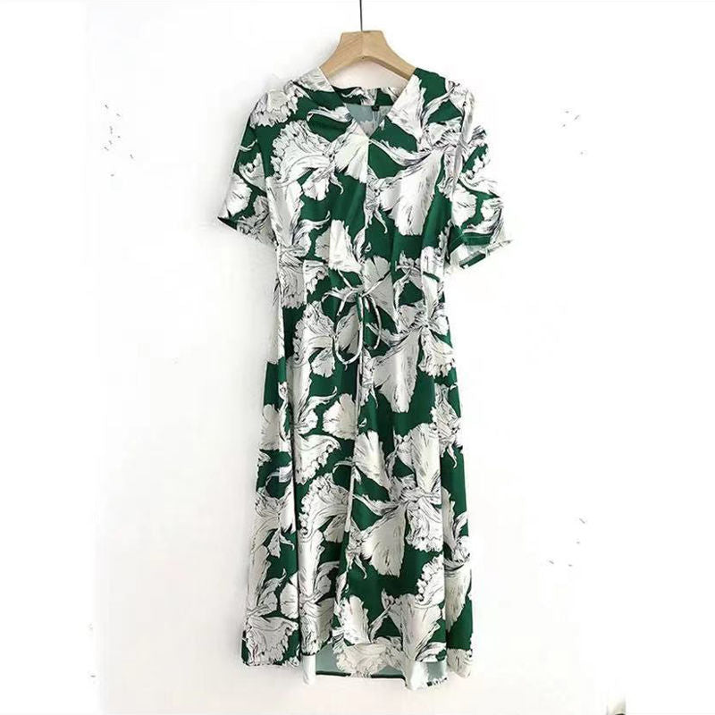 Summer New Print V Neck Knee Length Loose Midi Dress Short Sleeve Sashes High Waist Ladies Dresses Elegant Fashion Women Clothes