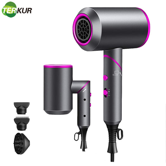 Foldable Handle Hair Dryer Hot and Cold Strong Wind Powerful Negative Ion Blower 2 Air Collecting 1 Diffuser Nozzle for Travels