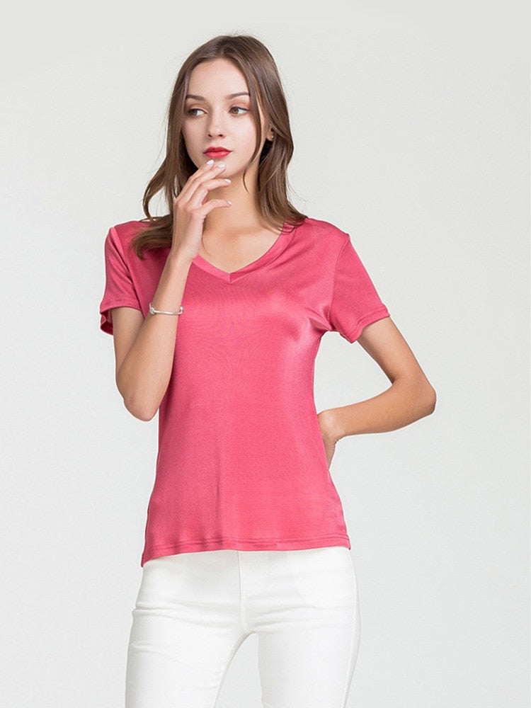 SuyaDream Women Silk T shirt Knitted Natural Silk Short Sleeve Solid V neck Basic Tee 2022 Summer Top