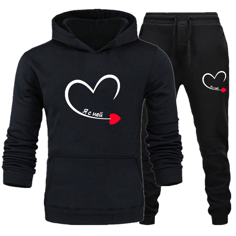 2023 Couples Tracksuit Love Heart Print Lover Hoodie and Pants 2 PCS Clothes Men Women Sweatshirts and Trousers Fleece Suits