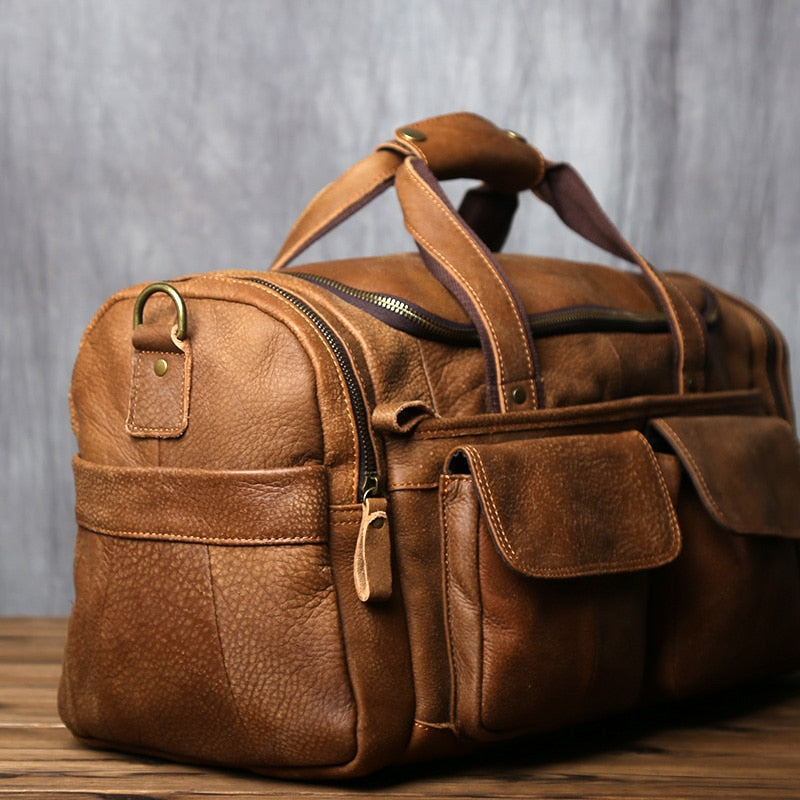 NZPJ Retro Men&#39;s Hand Luggage Bag Leather Travel Bag Top Layer Cowhide Large Capacity One Shoulder Messenger Bag Casual Laptop