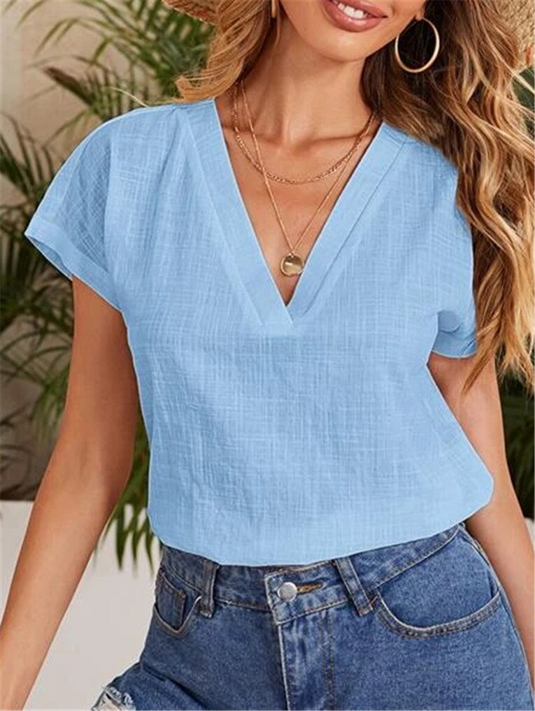 Women&#39;s Cotton Linen Blouse Fashion Summer V Neck Short Sleeve Shirts Solid Color Blouses Casual Office Loose Tops Blusas Mujer