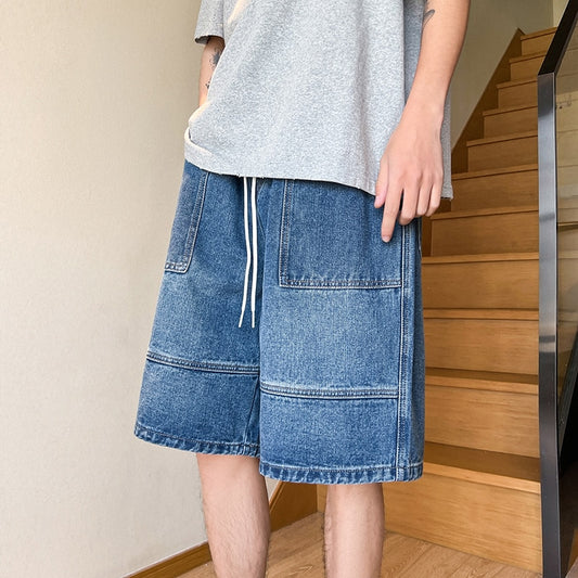 2023 Summer New High Street Casual Versatile Denim Capris Elastic Waist Men&#39;s Korean Style Loose Wide Leg Large Pocket Shorts