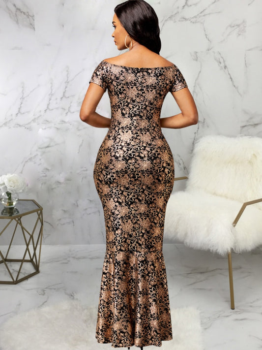 Sexy Floral Print Dress Fashion Autumn Slim Fit Off Shoulder Slit Robes Femme Elegant African Ankle Length Retro Evening Party