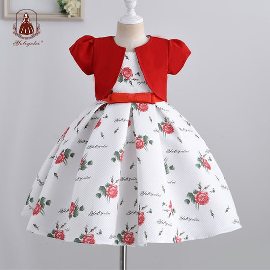 Yoliyolei 2PCS/set New Girls Dress Autumn Printing floral Kids Dresses Baby Girls ball gown Party Clothes with short sleeve coat