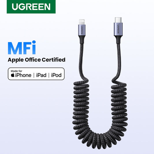 UGREEN MFi 3A USB C to Lightning Spring Cable for iPhone 14 13 12 Pro Max Fast Charging for iPad Type-C USB A Cable for Car