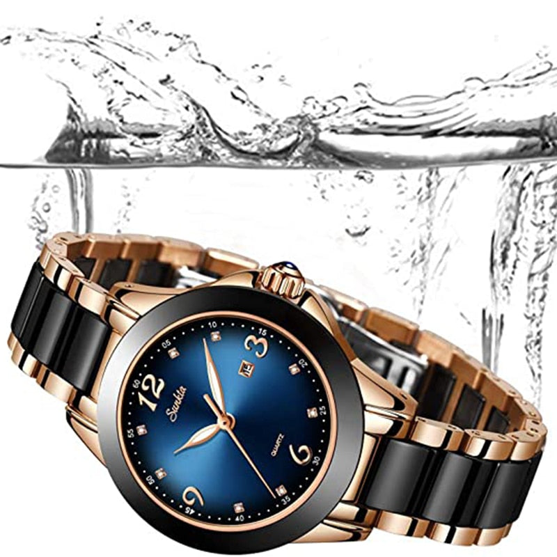 Women&#39;s Watches SUNKTA Ladies Quartz Watch Fashion Waterproof Ceramic Stainless Steel Band Watch Black Gold Wrist Watch+Box