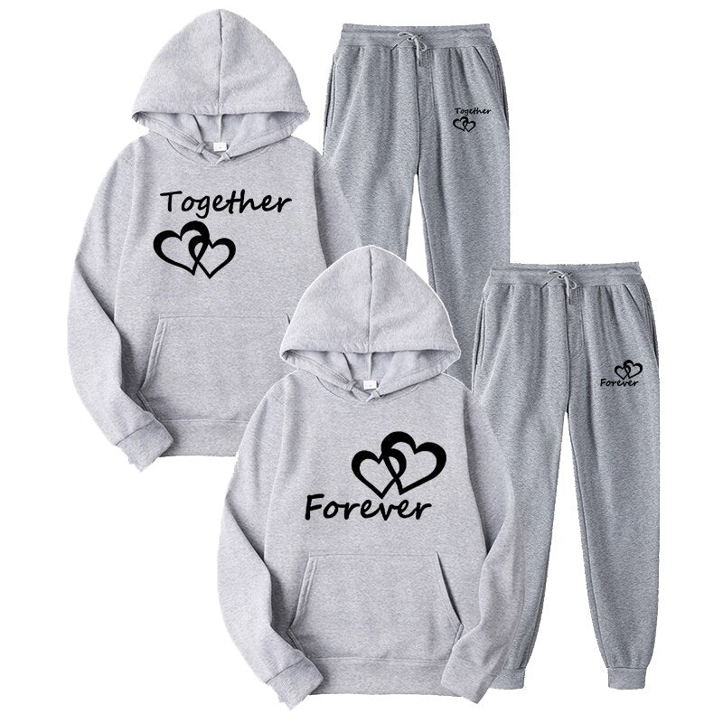 Fashion Men and Women Unisex Couple Sportwear Set Lover Forever Together Printed Hooded Suits Set Hoodie and Pants Streetwear