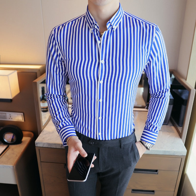 Men&#39;s Shirt Fashion Casual Striped Long Sleeved 3/4 Sleeve Slim Fit Spring Summer Autumn Quality Male Button Down Shirt