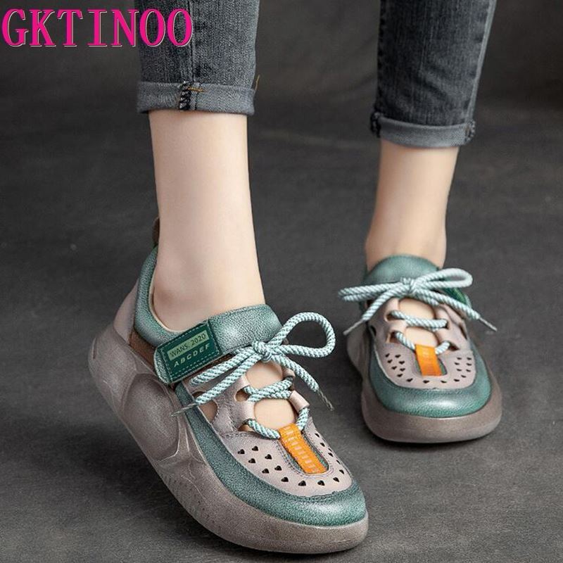 GKTINOO  Hook & Loop  Shoes Women Sneakers Genuine Leather Mixed Colors 2023 New Handmade Comfortable Retro Platform Sneakers