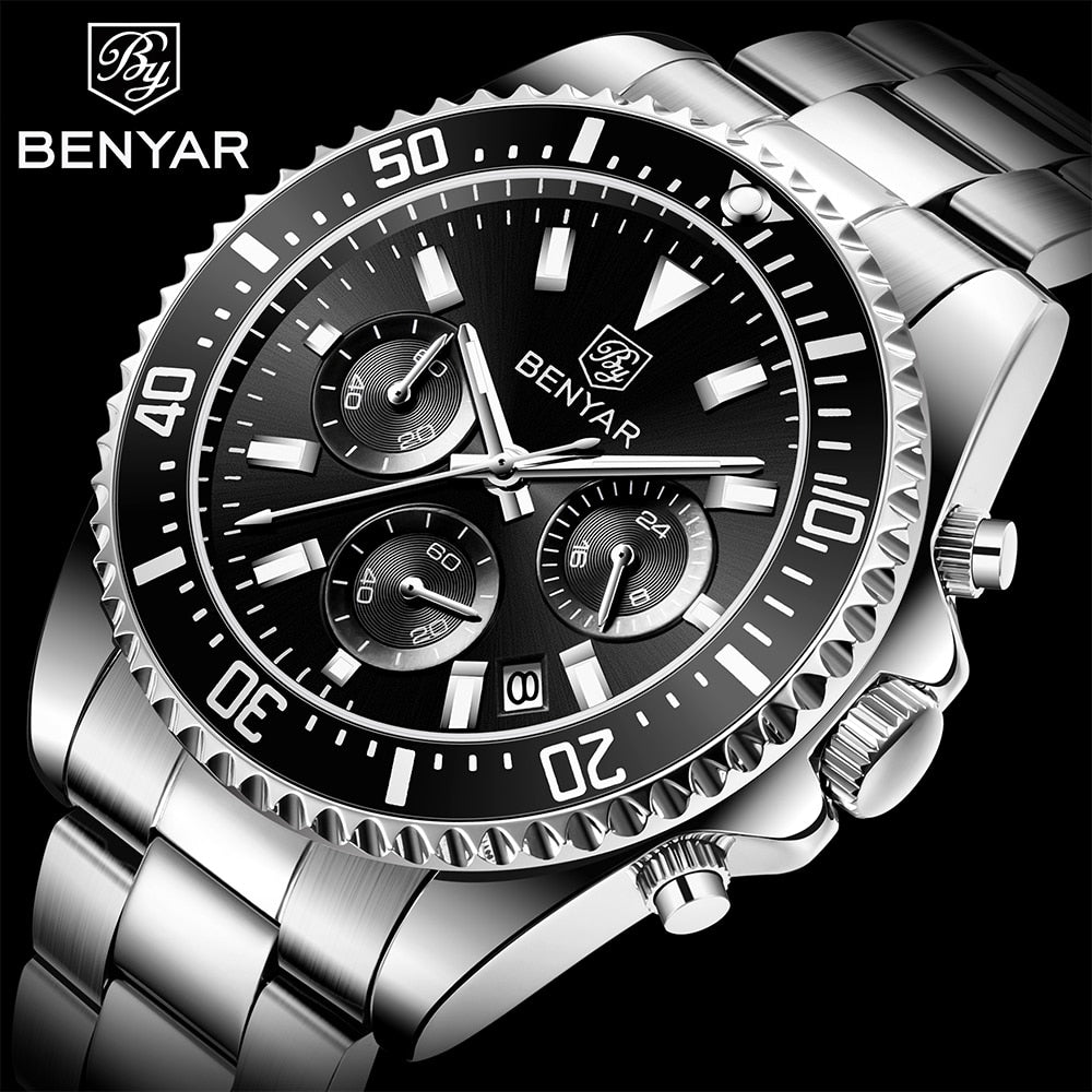 BENYAR Sports Men Quartz Wrist Watch 43MM Luxury Chronograph 30M Waterproof Military Watch Top Brand Men Clock reloj hombre