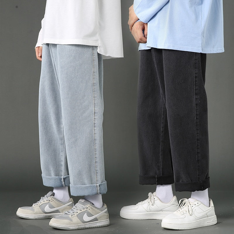 2022 New Street Casual Baggy Jeans Men&#39;s Korean Fashion Hip Hop Straight Wide Leg  Trousers Couple Denim Pants Black Light Blue