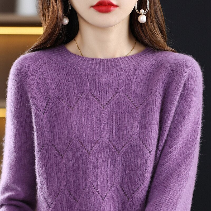 2022 New Knitted Pure Woolen Shirt Round Neck One Line Readymade Garment Hollow Out Loose Slouchy Style Slim Sweater Girl