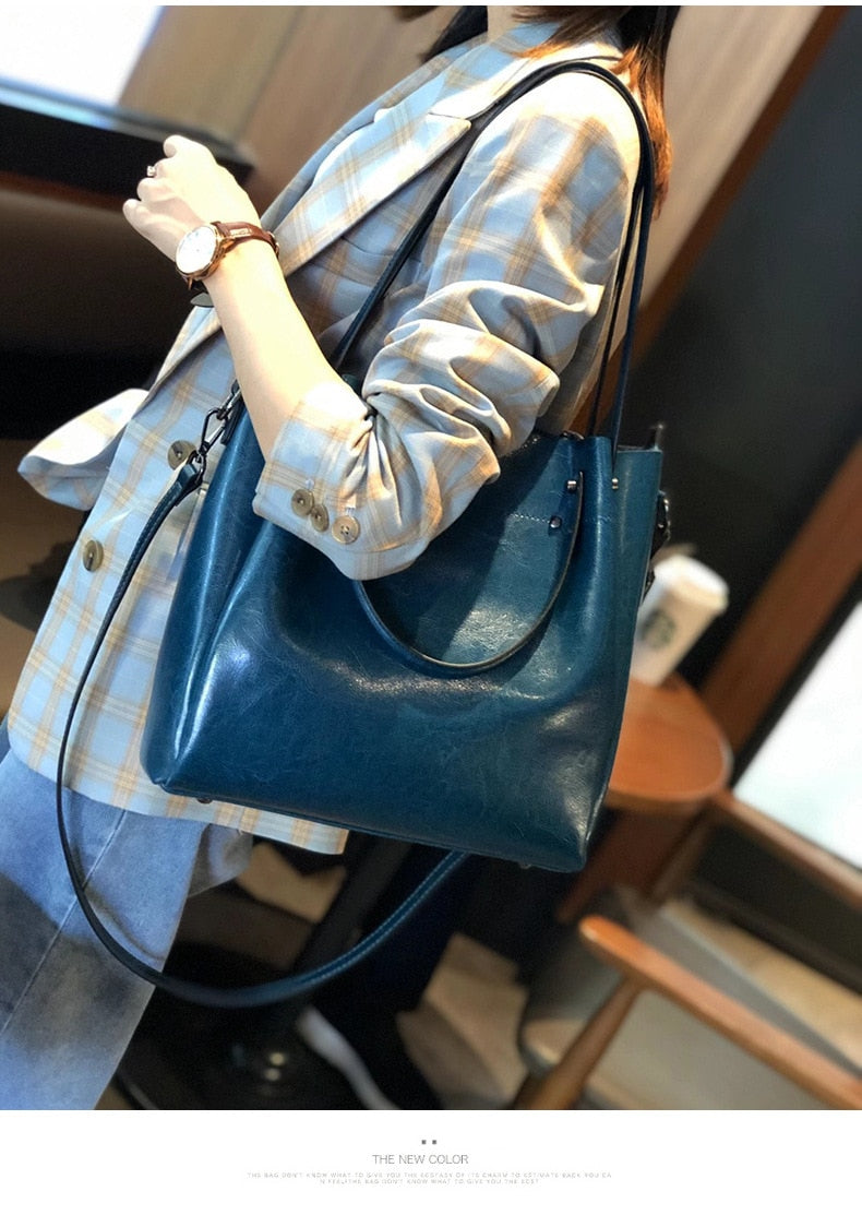 One-shoulder Large Casual Tote Fashion Messenger Cowhide Leather Women&#39;s Bag Large-capacity Ladies Handbag Bucket High Quality