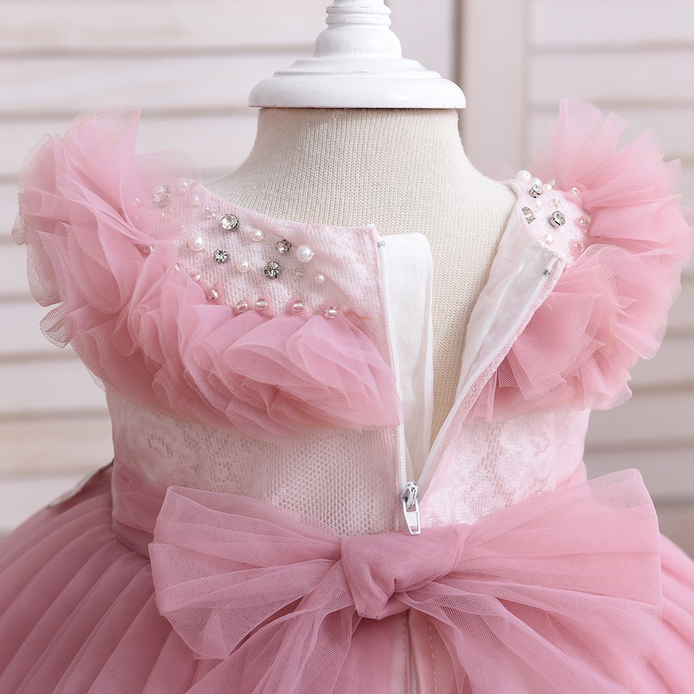 Yoliyolei Fluffy Collar Baby Girl Dress Flower Girl Wedding Dresses Party Ball Gown Appliques Kids Friendly Clothes with beading