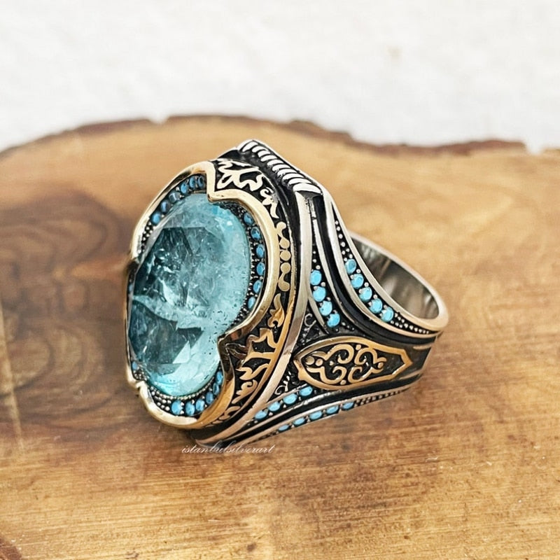 Vintage Metal Craftsman Engraved Signet Ring Inlaid Sea Blue Zircon Men&#39;s Business Punk Biker Ring