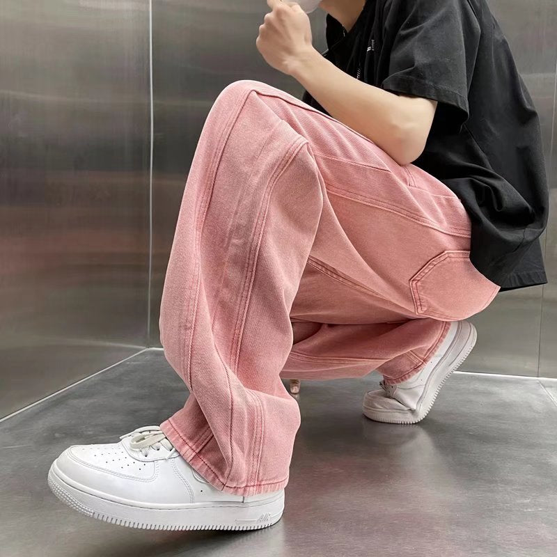 Street Vibe Style Jeans Men&#39;s Loose Straight Pants Trendy Brand American Baggy Wide-leg Pants Pink Jeans Spring and Autumn