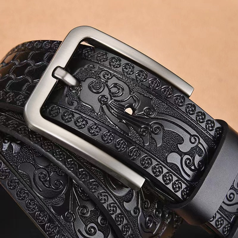 Retro Carved Craft Men&#39;s Belt Leather Cowhide Pin Buckle Fashion Denim Casual Pants Belt