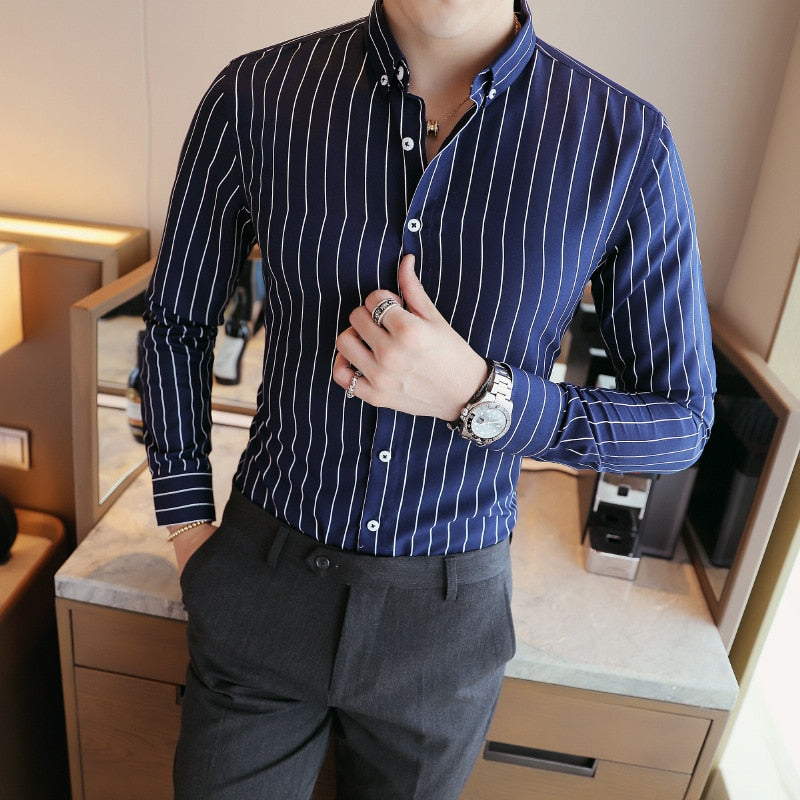 Men&#39;s Shirt Fashion Casual Striped Long Sleeved 3/4 Sleeve Slim Fit Spring Summer Autumn Quality Male Button Down Shirt