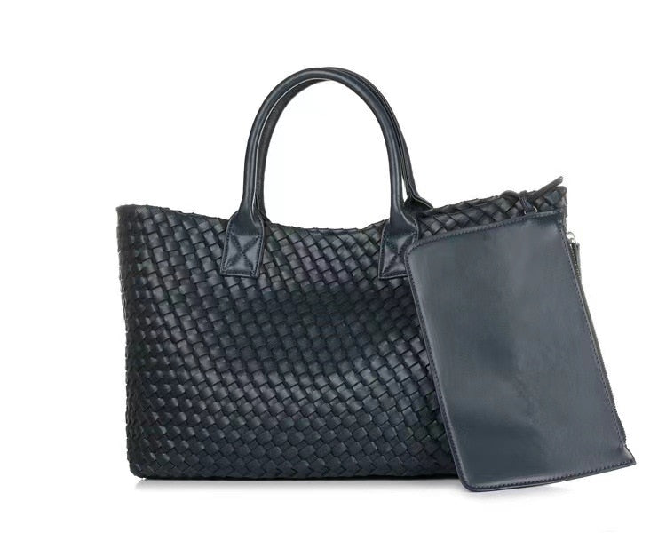 Oversized Women Tote High Quality PU Leather Knitting Shoulder Shopper Bags Luxury Woven Retro Female Large Purse Black 2021 New