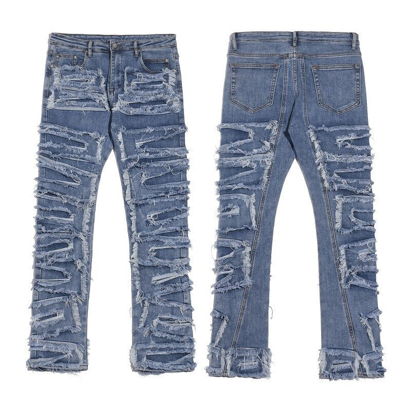 Iins high street hip-hop heavy industry destruction hole patch blue jeans Y2K trendy men&#39;s knife cut old trousers