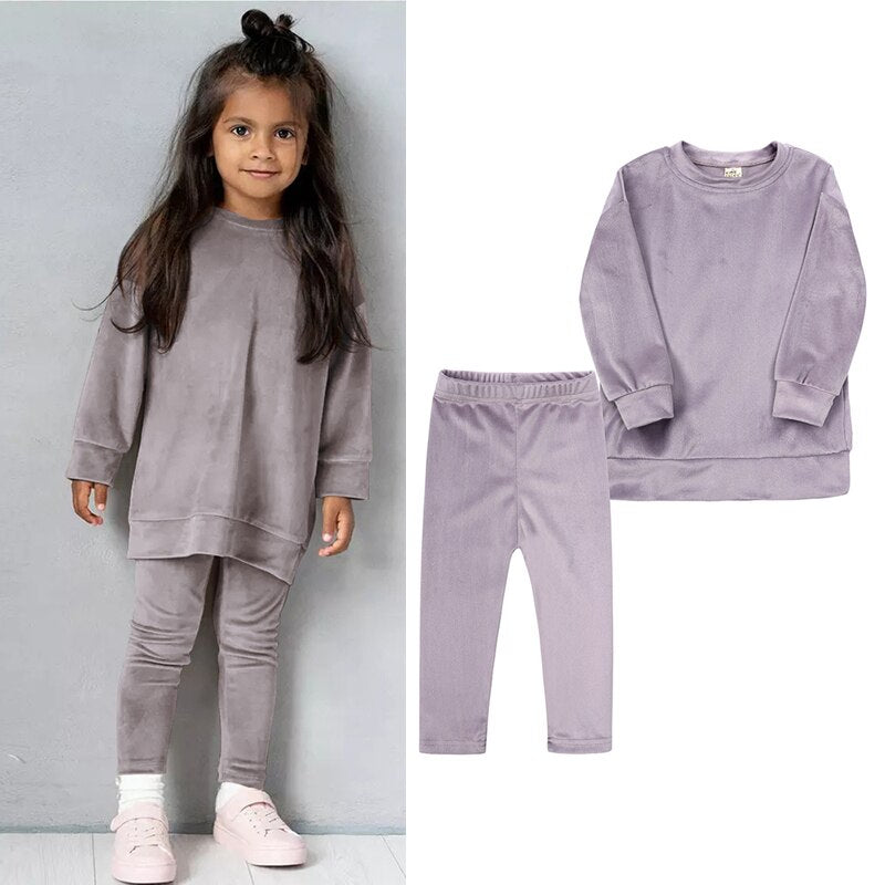 2023 Spring Kids Girl Velvet Suit Long Sleeve Pants Solid Clothes For Infant Toddler Boy Pullover Sweatshirt Set Teenage Outfits