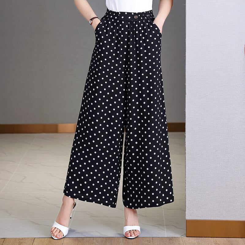 Summer Wide Leg Pants Women Loose High Waist Beach Ankle-Length Trousers Summer Casual Retro Print Plaid Pants