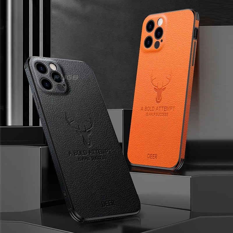 Luxury Leather Texture Square Frame Case For iPhone 11 12 13 14 Pro Max Mini X XR XS Deer Lens Protection Shockproof Hard Cover