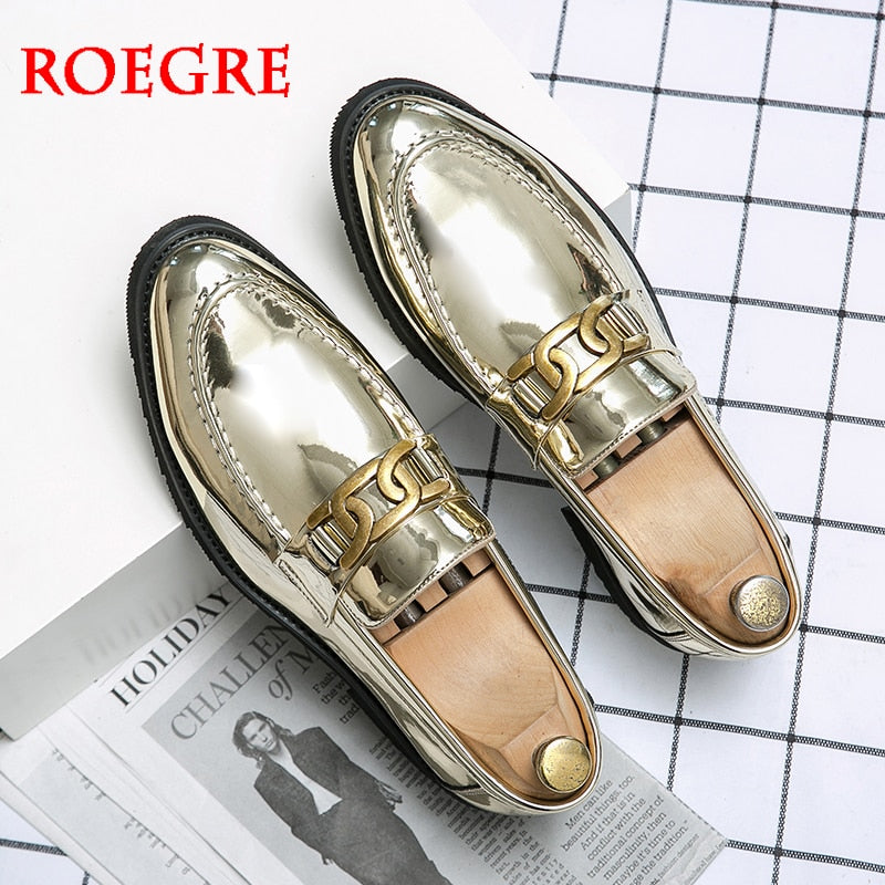 Brand Men&#39;s leather Shoes Office Shoes Men Flats Patent Leather Gold Glitter wedding banquet Loafers Comfortable Business Shoes