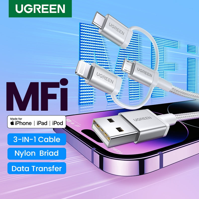 【New-in Sale】UGREEN MFi USB C to Lightning Micro USB Cable 3A Fast Charging 3 in 1 For iPhone 14 13 12 Pro Max Xiaomi Samsung