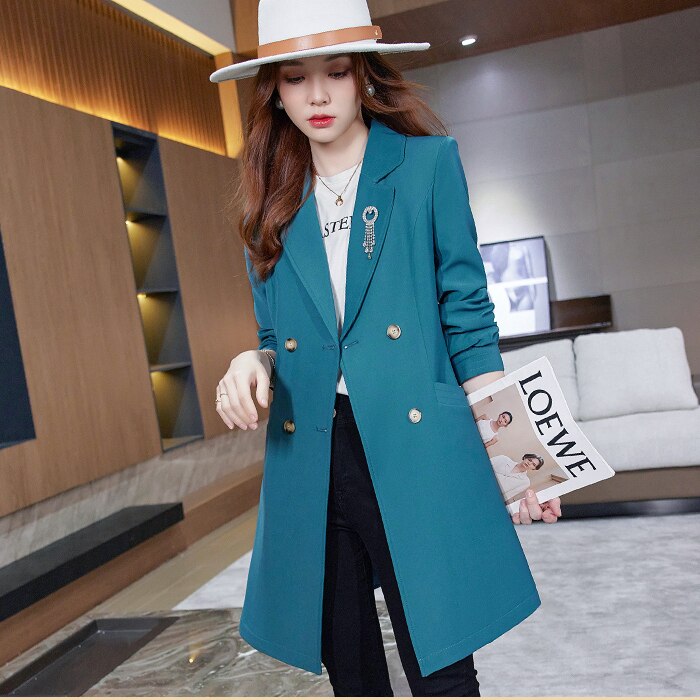 Trench Coat for Women 2022 Autumn Fashion Trench Coats Long Black Coats for Women Suit Jackets Women with Brooch Female Clothing