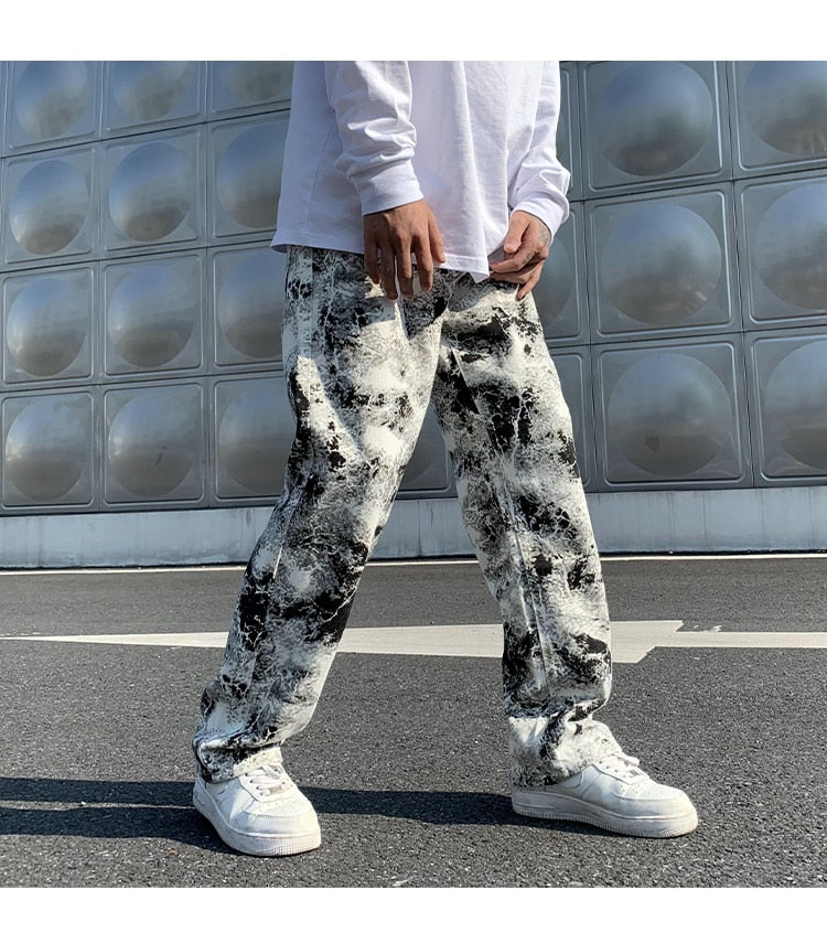 Straight Leg Jeans Printed Jean Mens Fashion Mopping Trousers Korean Style Hip Hop Fancy Jeans Men&#39;s Pants Man Baggy Male Long