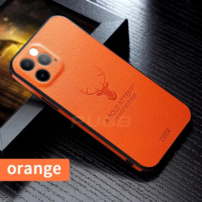 Luxury Leather Texture Square Frame Case For iPhone 11 12 13 14 Pro Max Mini X XR XS Deer Lens Protection Shockproof Hard Cover