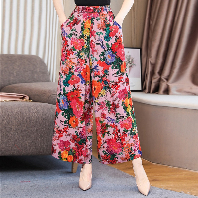 Summer Wide Leg Pants Women Loose High Waist Beach Ankle-Length Trousers Summer Casual Retro Print Plaid Pants