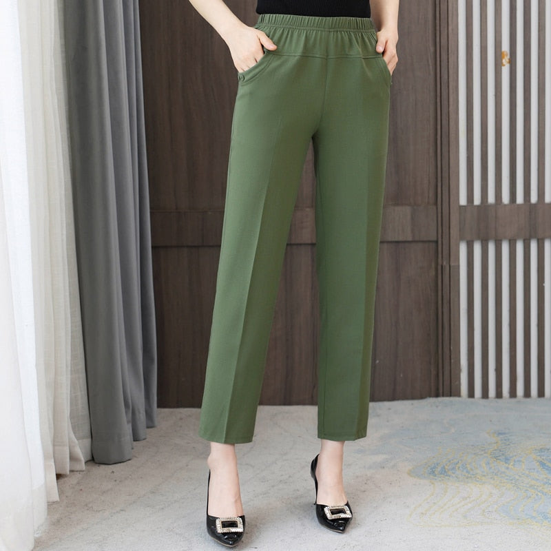 Summer Cotton Linen Pants for Women Bottoms 2023 New Elegant Classic Elastic Waist Harem Pants Woman High Waisted Trousers