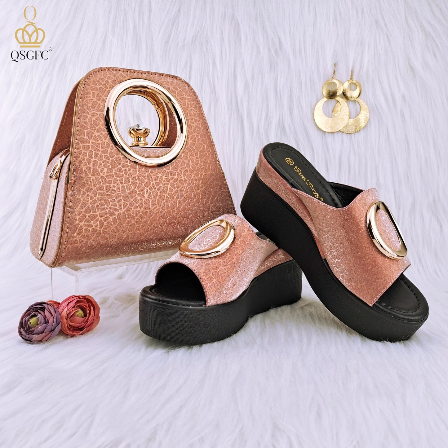 QSGFC Autumn Silver Color Elegant Simple Versatile Round Metal Decoration Ladies Sandals Comfortable Insole Shoes and Bags Set