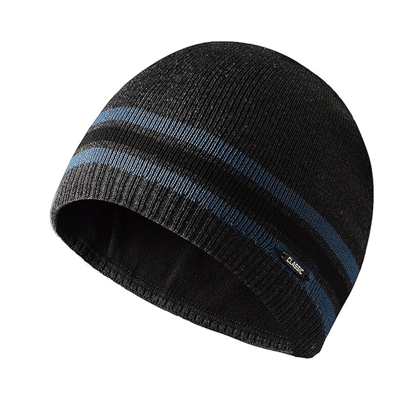 Fashion design striped straight edge warm beanie hat for men and women outdoor hiking skiing plush thick knitted pullover cap