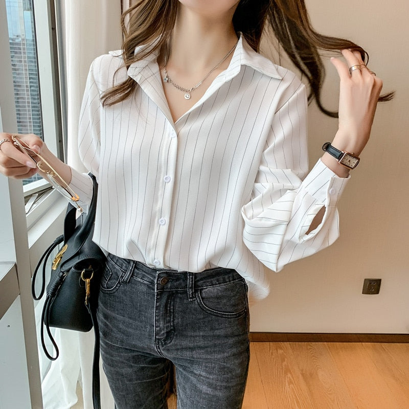 Fashion Woman Blouses 2022 Chiffon Long Sleeve Shirt Tops Woman White Blouse Shirts Striped Top Pretty and Cheap Women&#39;s Blouses