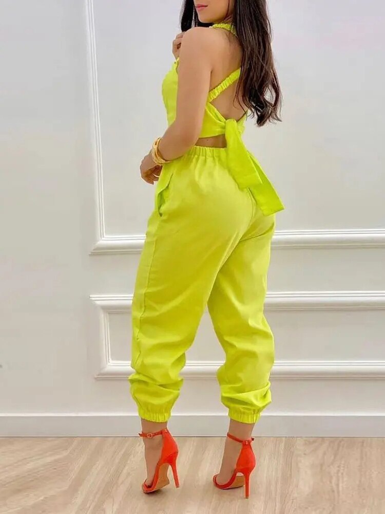 Strap Jumpsuit Women Summer Sexy Backless Bow Letter Print Strapless Overalls Rompers For Women Pocket Straight Work Jumpsuits