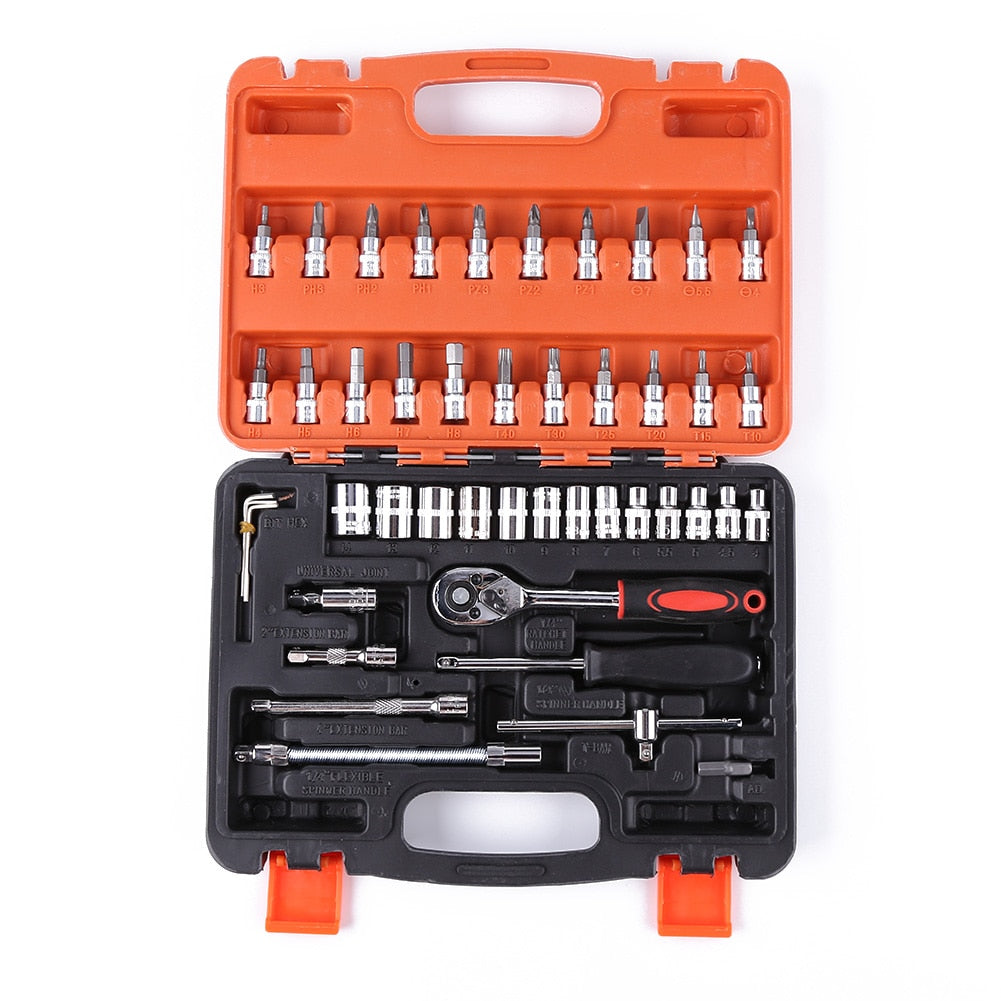 46pcs Tool Sets Car Repair Tool Kit Wrench Set Head Ratchet Pawl Socket Spanner Screwdriver Professional Metalworking Tool Kit