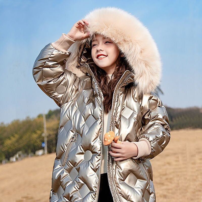 2022 Girls Thick Long Coats Winter Waterproof Fur Collar Hooded Jackets Big Kids Cotton Warm Outerwear Teenage Parka Snowsuit
