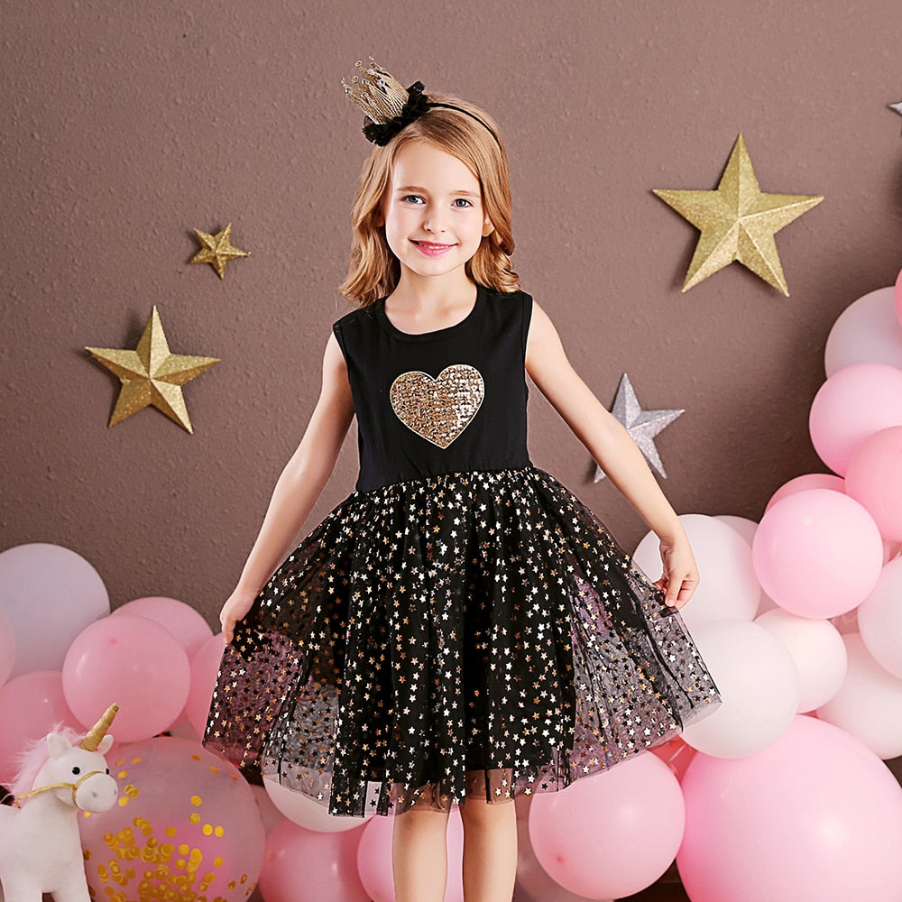 VIKITA Party Dresses for Girls Children Stars Sequins Shiny Vestidos Girl Elegant Prom Evening Princess Summer Ball Gowns