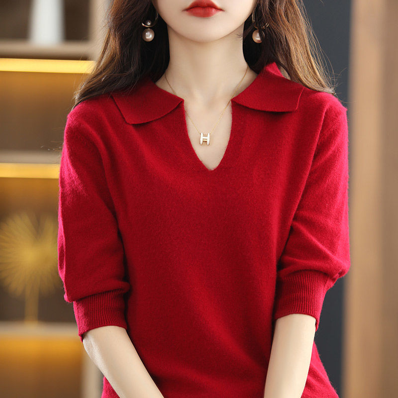 Fashion V-Neck Solid Color Pullovers Sweater Women&#39;s Clothing 2022 New Half Sleeve Casual Tops Loose Office Lady Knitted Basic