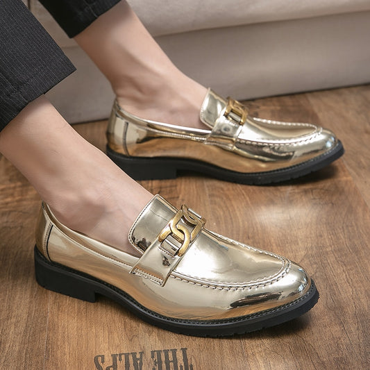 Brand Men&#39;s leather Shoes Office Shoes Men Flats Patent Leather Gold Glitter wedding banquet Loafers Comfortable Business Shoes