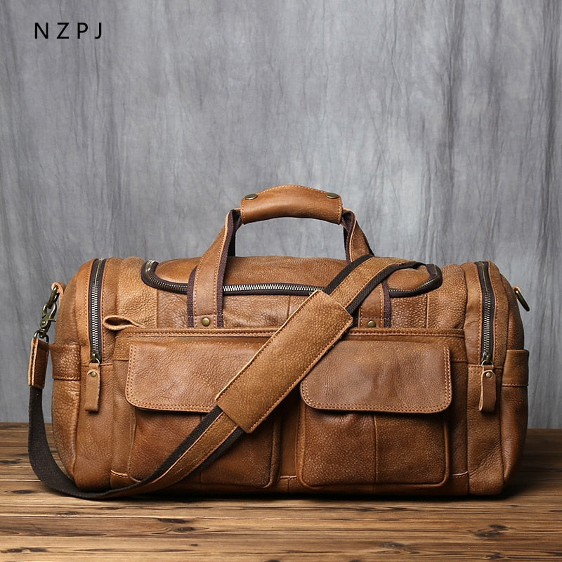 NZPJ Retro Men&#39;s Hand Luggage Bag Leather Travel Bag Top Layer Cowhide Large Capacity One Shoulder Messenger Bag Casual Laptop