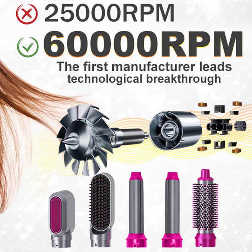 High Speed 60000RPM Hair Dryer 5 In 1 Hair Styer Hot Air Brush Blow Dryer Professional Curling Iron Air Styling Hair Curler