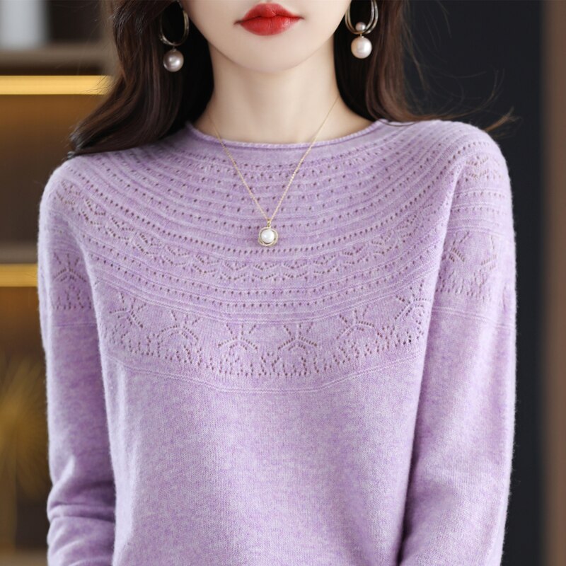 100 Wool Classic Round Neck Cutout Sweater Fashion Cutout Loose Long Sleeve Undercoat New Design Taste Popular Sweater Girl