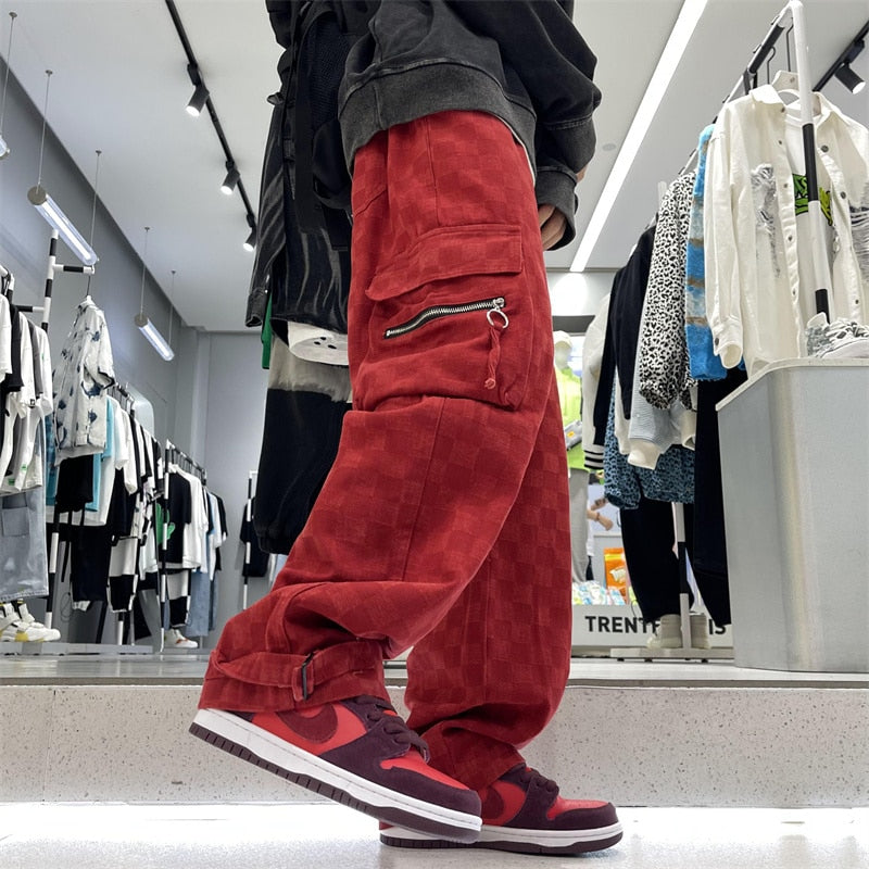 Japanese Men&#39;s Chessboard Checker Jeans Fashion Street Hip Hop Loose Straight Wide Leg Pants Couple Outerwear Pants Red Black